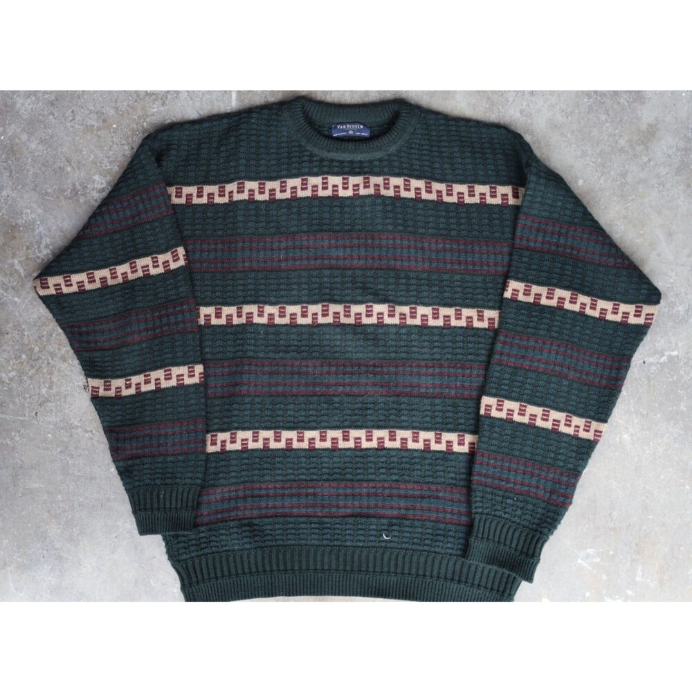 Vintage Van Heusen Sweater Men's XL Green Burgundy Geometric Acrylic 90s Grandpa